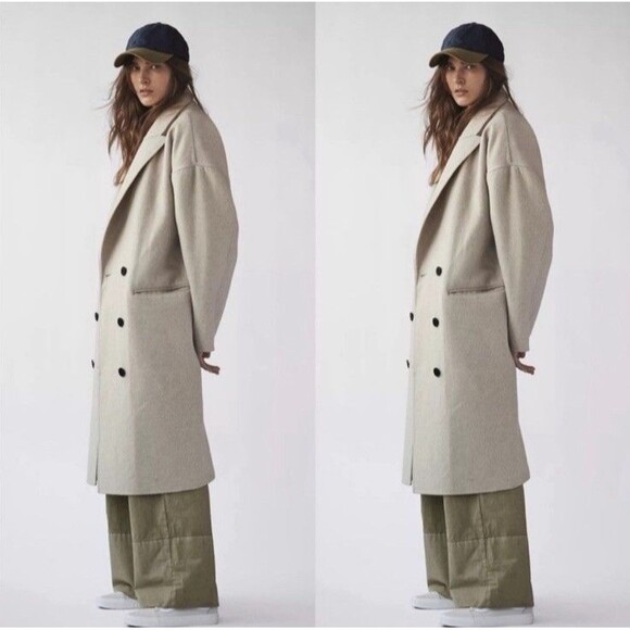 Free People Double Breasted Wool Blend Coat Size M Maxi Coat in Sand Oversized - Picture 11 of 16